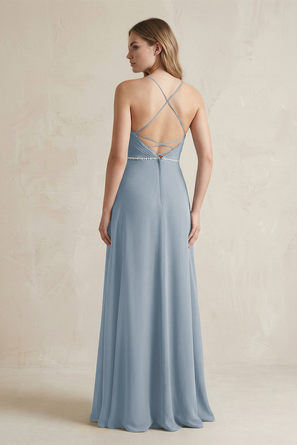 Chiffon A-Line Ruched Cami Strap Bridesmaid Dress  in Dusty Blue