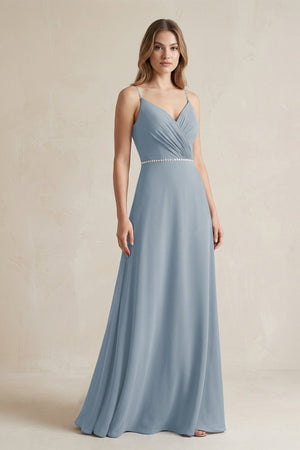 Chiffon A-Line Ruched Cami Strap Bridesmaid Dress  in Dusty Blue | KISSBRIDAL