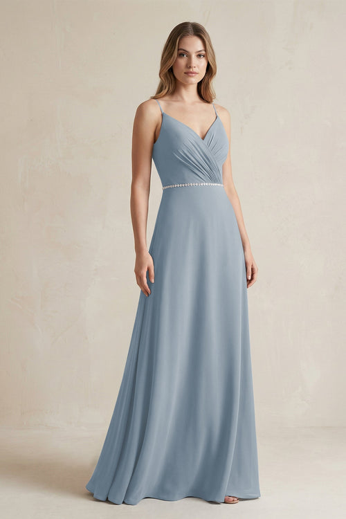 Chiffon A-Line Ruched Cami Strap Bridesmaid Dress  in Dusty Blue | KISSBRIDAL