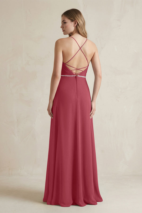 Chiffon A-Line Ruched Cami Strap Bridesmaid Dress  in Merlot (2) | KISSBRIDAL