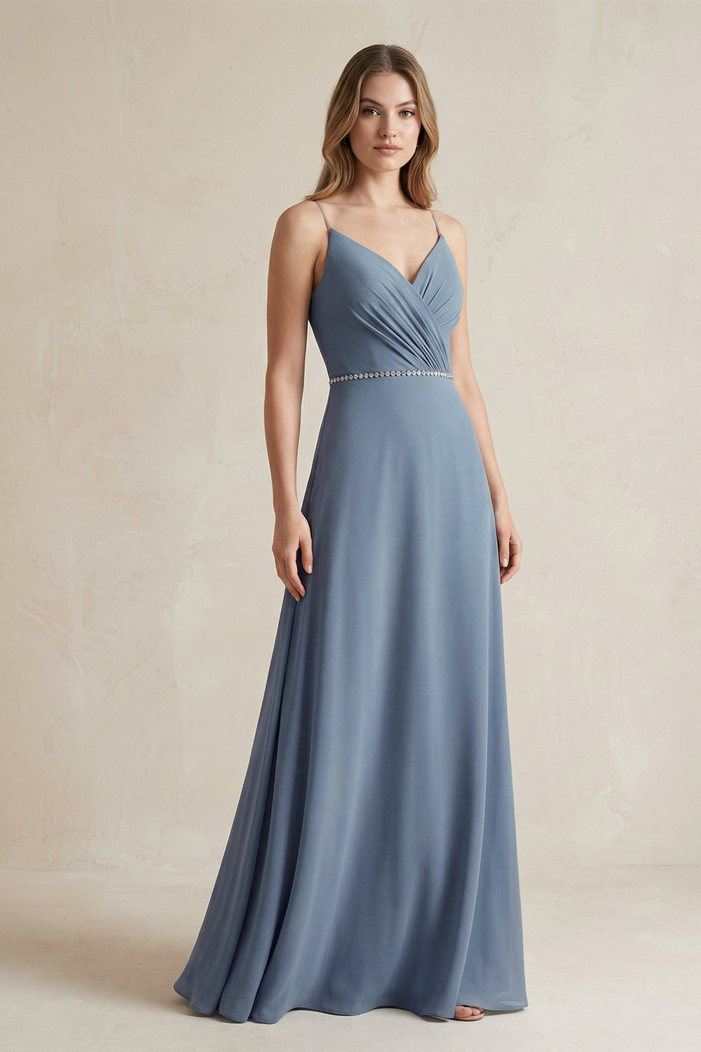 Chiffon A-Line Ruched Cami Strap Bridesmaid Dress in Neptune