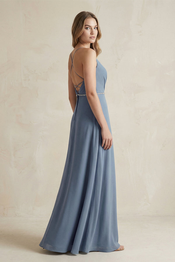 Chiffon A - Line Ruched Cami Strap Bridesmaid Dress in Neptune - KISS BRIDAL Bridesmaid Dresses