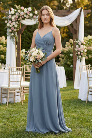Chiffon A - Line Ruched Cami Strap Bridesmaid Dress in Neptune - KISS BRIDAL Bridesmaid Dresses