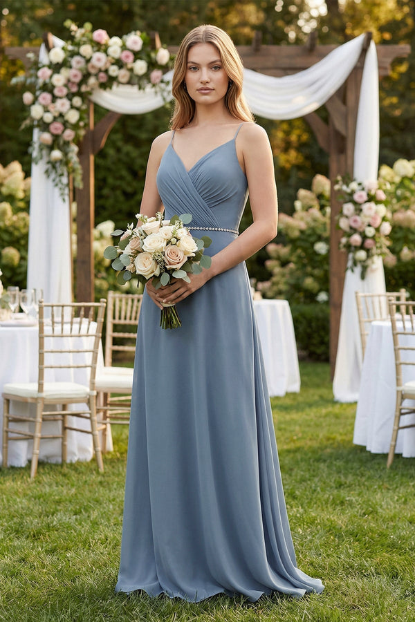 Chiffon A - Line Ruched Cami Strap Bridesmaid Dress in Neptune - KISS BRIDAL Bridesmaid Dresses