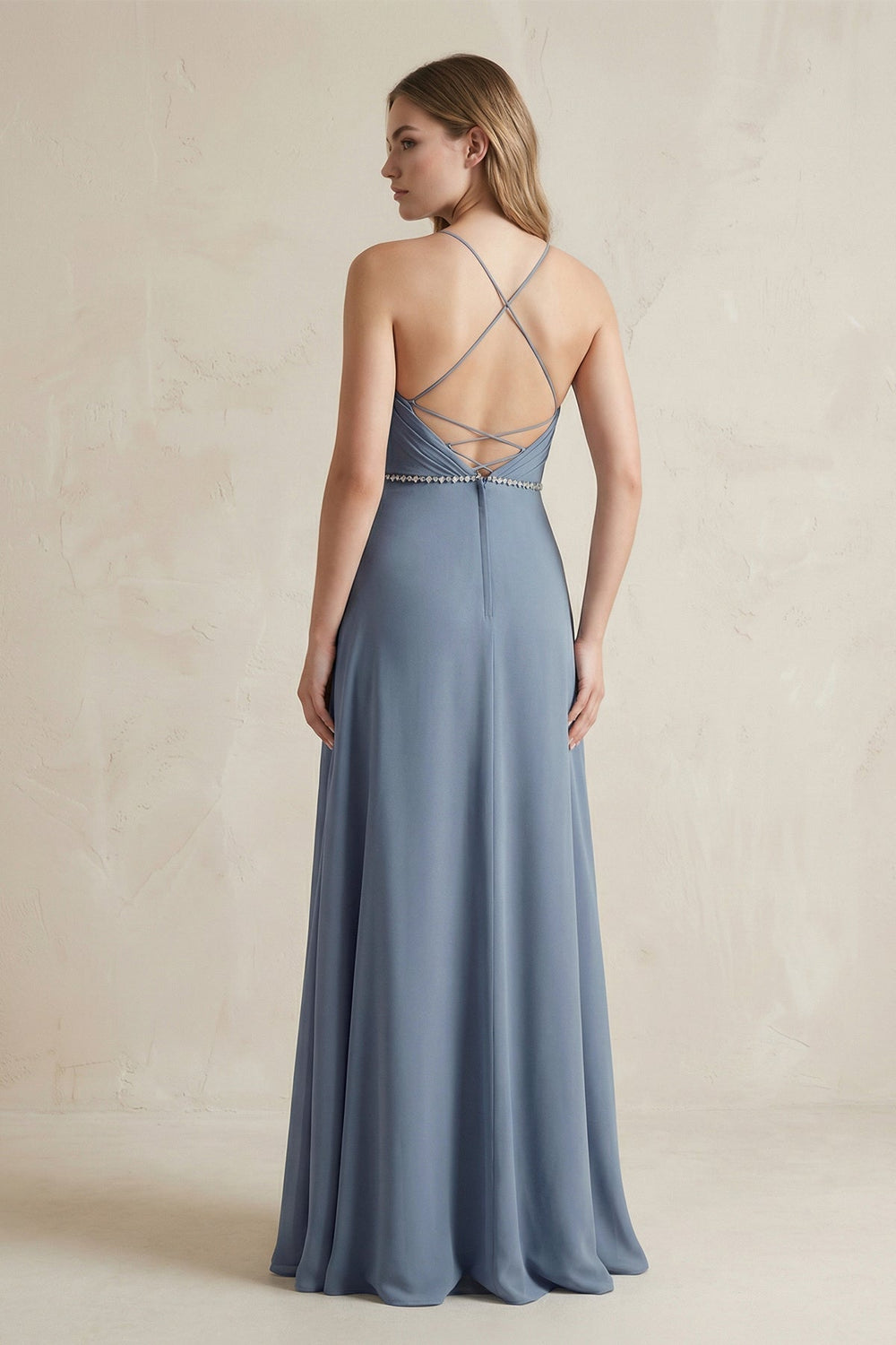 Chiffon A-Line Ruched Cami Strap Bridesmaid Dress in Neptune