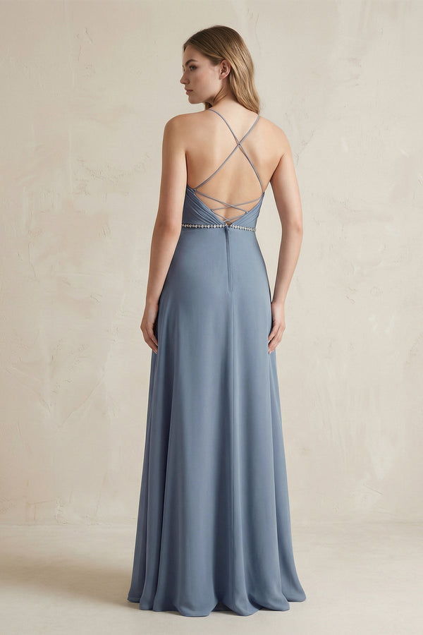 Chiffon A - Line Ruched Cami Strap Bridesmaid Dress in Neptune - KISS BRIDAL Bridesmaid Dresses