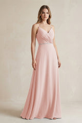Chiffon A-Line Ruched Cami Strap Bridesmaid Dress  in Rose Petal | KISSBRIDAL