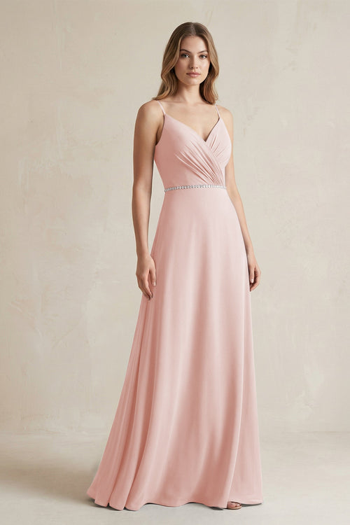 Chiffon A-Line Ruched Cami Strap Bridesmaid Dress  in Rose Petal | KISSBRIDAL
