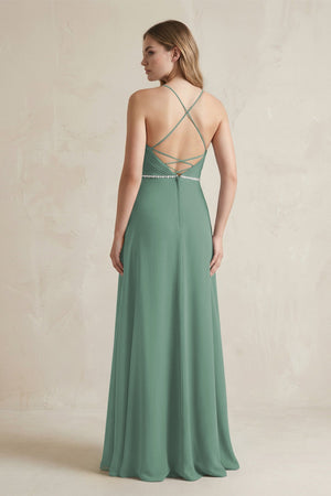 Chiffon A-Line Ruched Cami Strap Bridesmaid Dress  in Sea Glass (2) | KISSBRIDAL