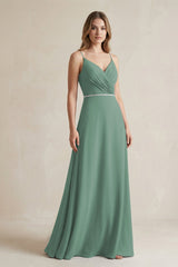 Chiffon A-Line Ruched Cami Strap Bridesmaid Dress  in Sea Glass | KISSBRIDAL
