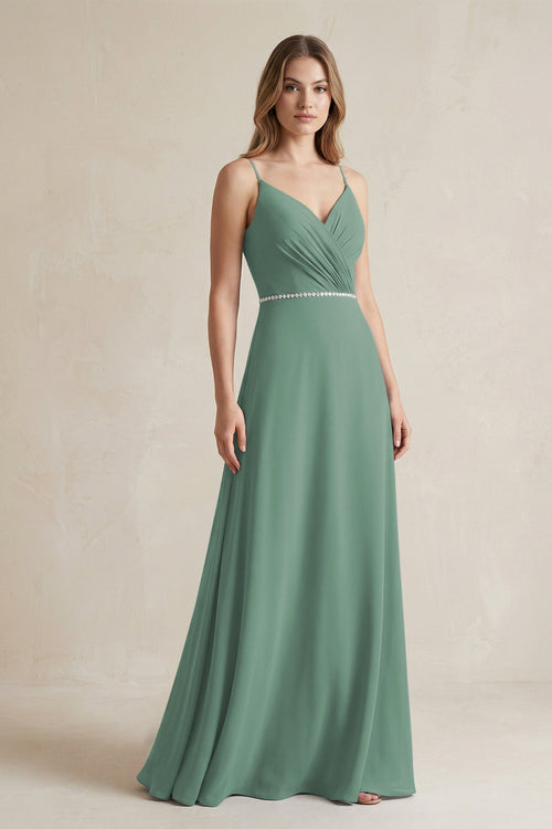 Chiffon A-Line Ruched Cami Strap Bridesmaid Dress  in Sea Glass | KISSBRIDAL