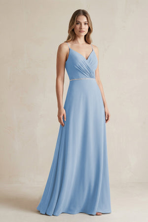 Chiffon A-Line Ruched Cami Strap Bridesmaid Dress  in Steel Blue | KISSBRIDAL