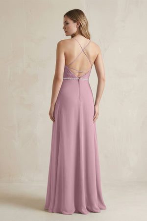 Chiffon A-Line Ruched Cami Strap Bridesmaid Dress  in Vintage Mauve (2) | KISSBRIDAL