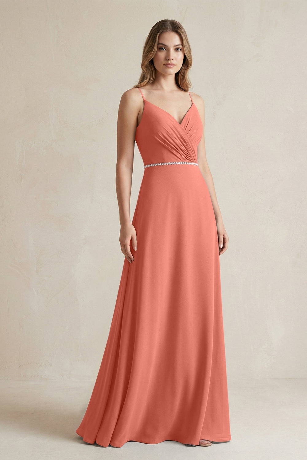 Chiffon A-Line Ruched Cami Strap Bridesmaid Dress  in Wild Rose