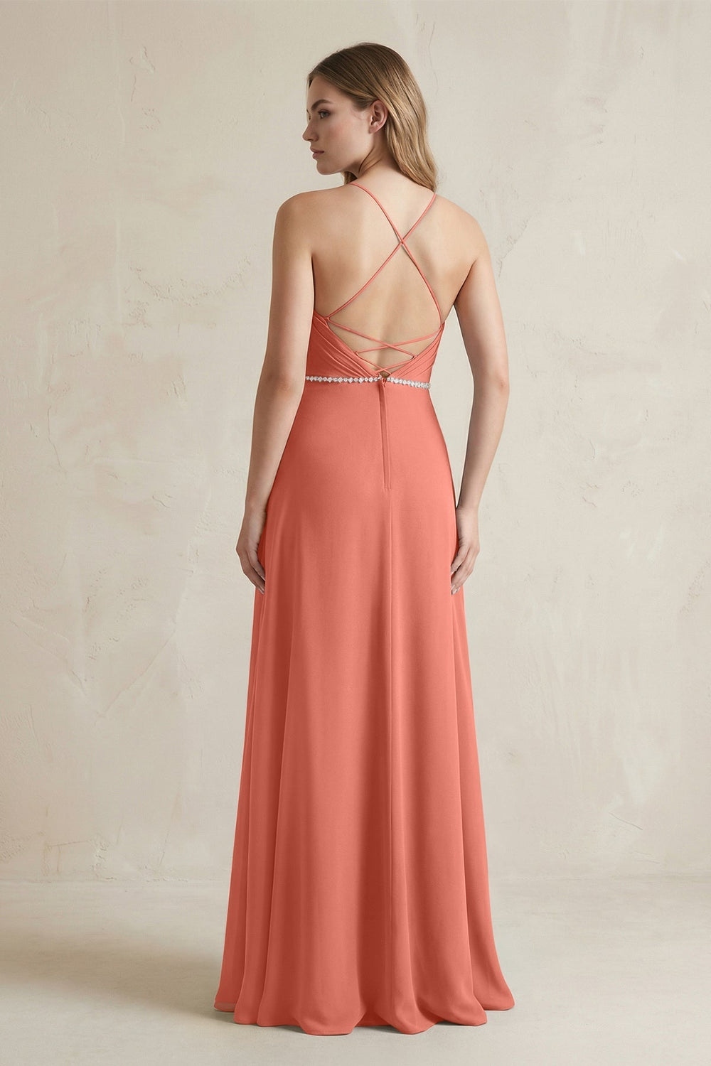 Chiffon A-Line Ruched Cami Strap Bridesmaid Dress  in Wild Rose