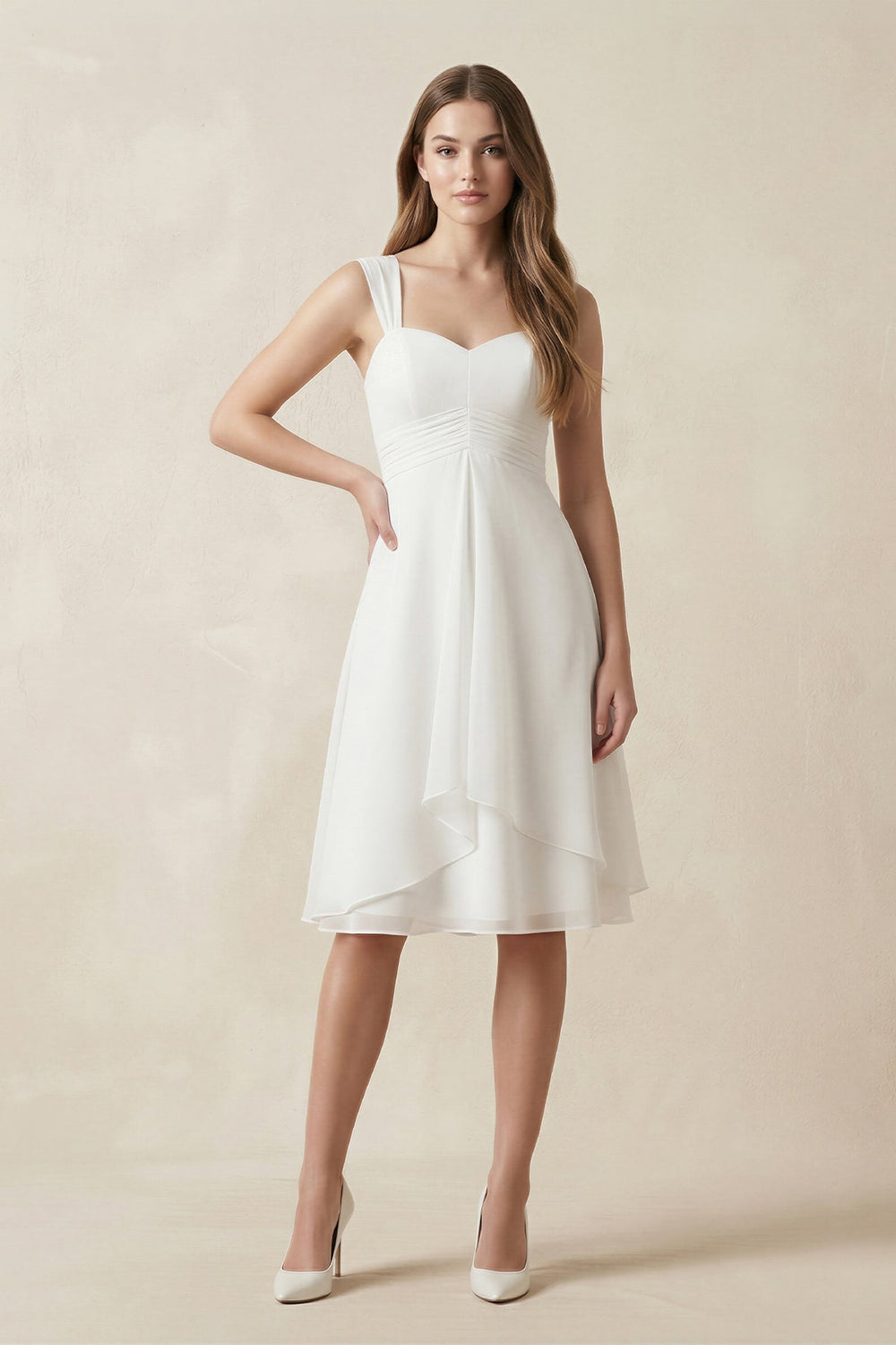 Chiffon A-Line Sweetheart Midi Wedding Dress in White