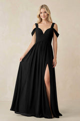 Chiffon A-Line Bridesmaid Dress with Slit  in Black - KISS BRIDAL BRIDESMAID DRESSES