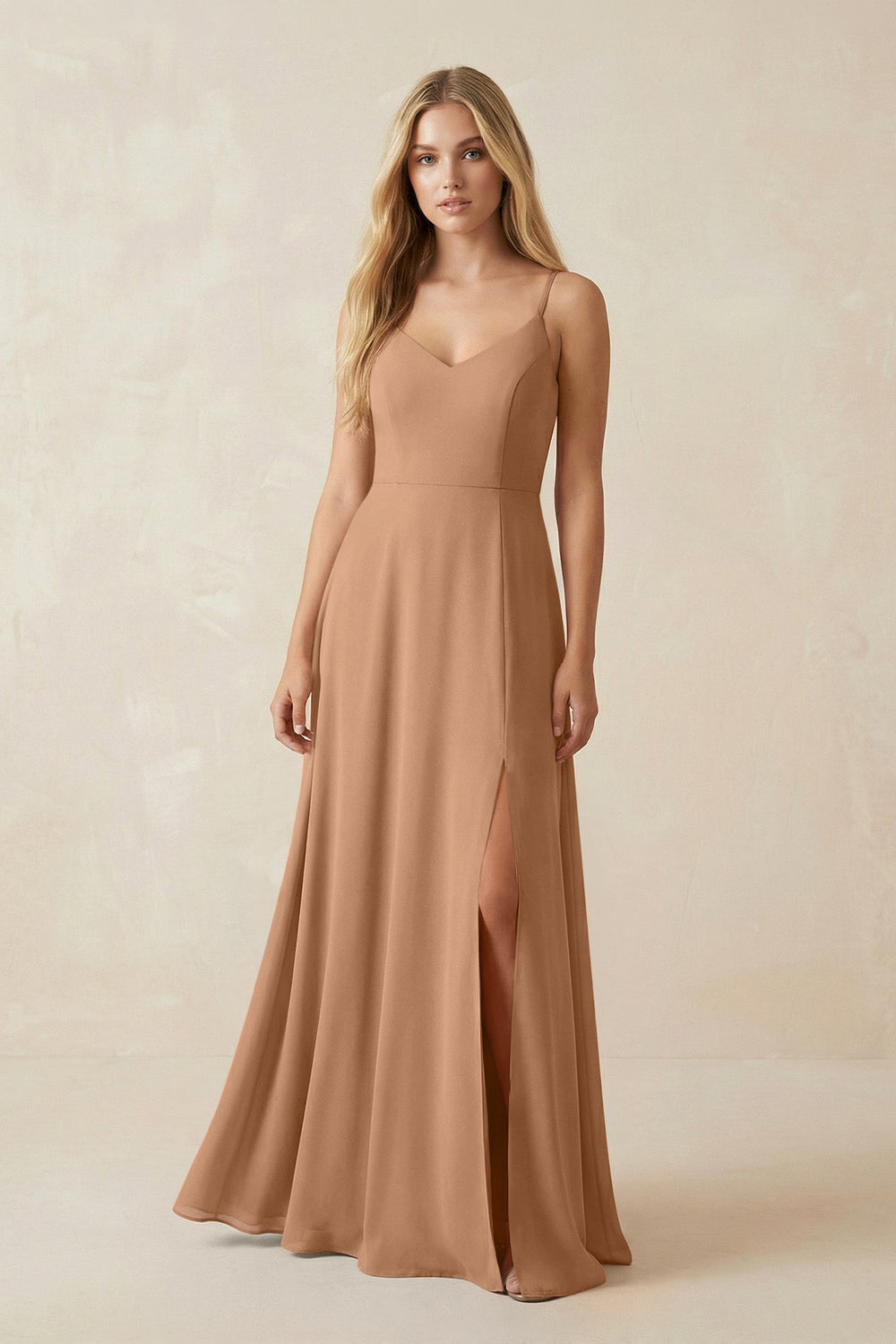 Cami Strap A-Line Chiffon Bridesmaid Dress with Slit in Bronzer