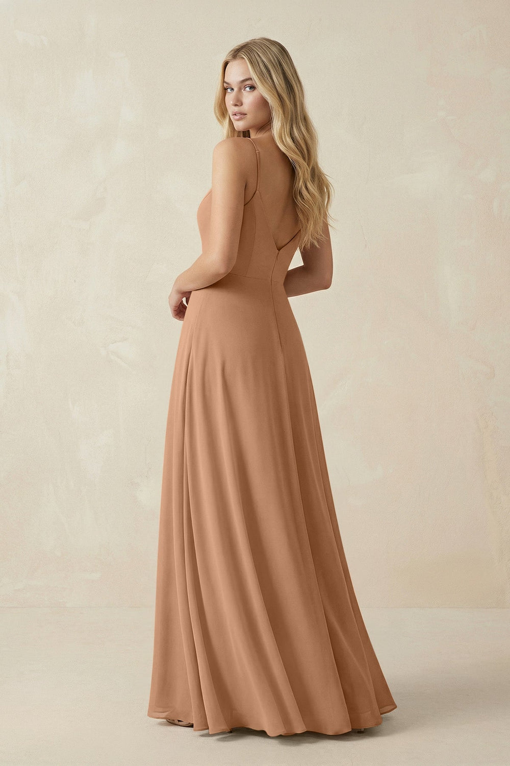 Cami Strap A-Line Chiffon Bridesmaid Dress with Slit in Bronzer