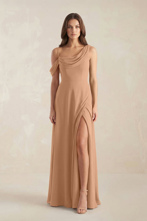 One-Shoulder Chiffon A-Line Bridesmaid Dress in Bronzer - KISS BRIDAL BRIDESMAID DRESSES