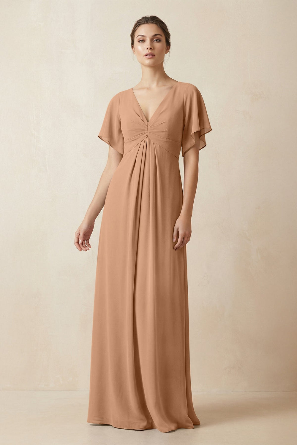 Short Sleeve V-Neck Chiffon A-Line Bridesmaid Dress in Bronzer