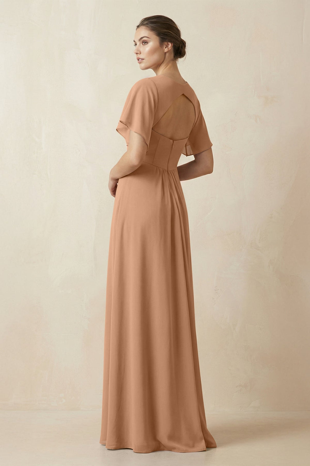 Short Sleeve V-Neck Chiffon A-Line Bridesmaid Dress in Bronzer