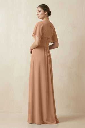 Short Sleeve V-Neck Chiffon A-Line Bridesmaid Dress in Bronzer - KISS BRIDAL BRIDESMAID DRESSES