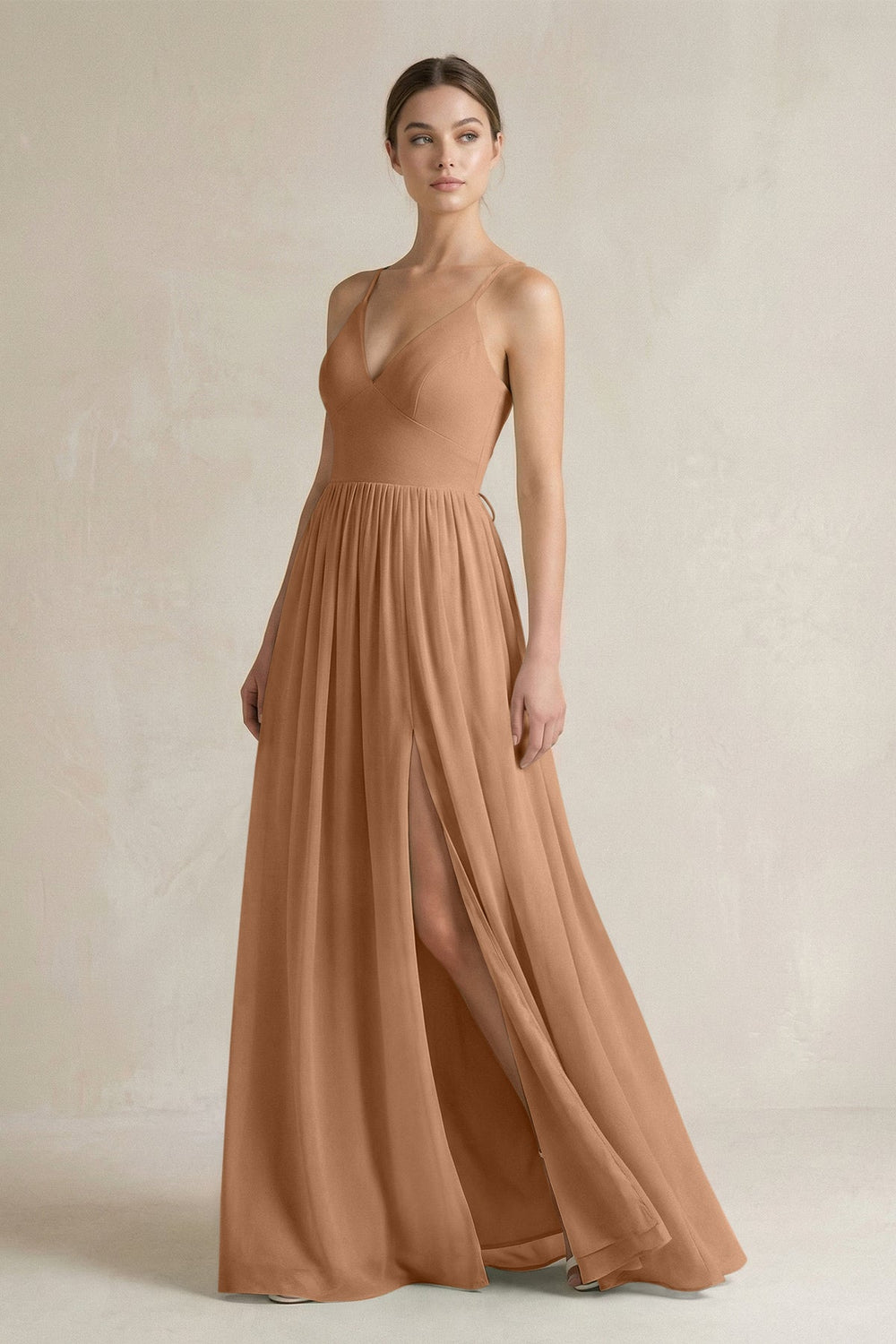 A-Line Spaghetti Strap Chiffon Bridesmaid Dress in Bronzer