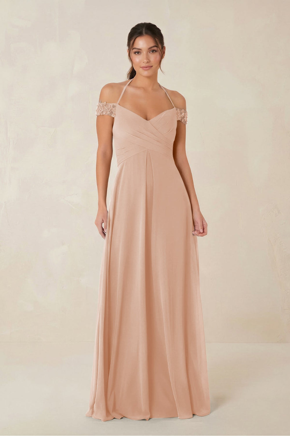 A-Line Off-the-Shoulder Chiffon Bridesmaid Dress in Champagne Rose