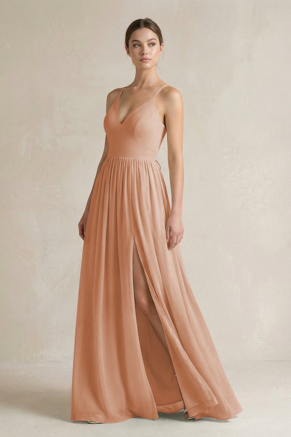 A-Line Spaghetti Strap Chiffon Bridesmaid Dress in Champagne Rose