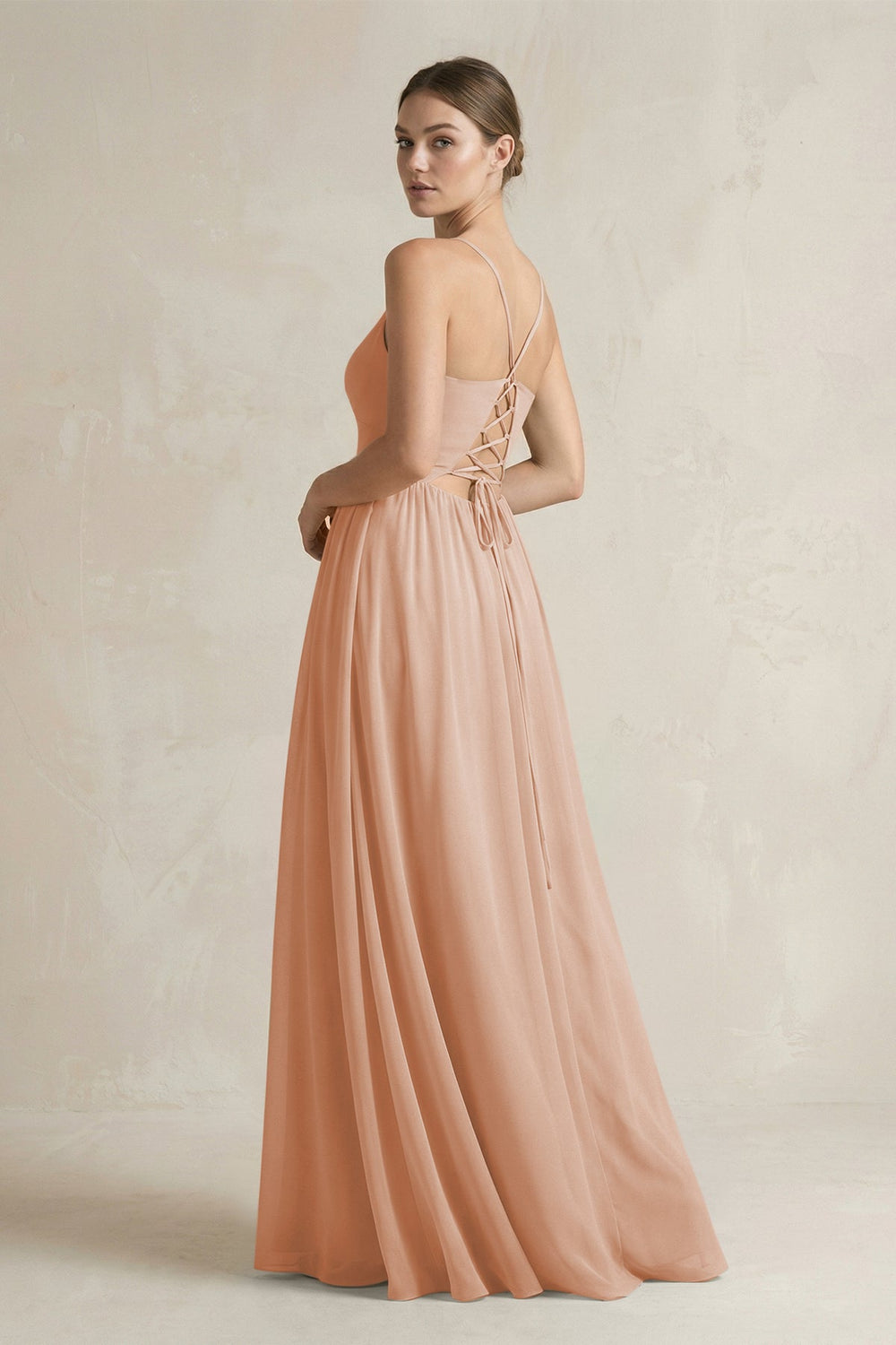 A-Line Spaghetti Strap Chiffon Bridesmaid Dress in Champagne Rose
