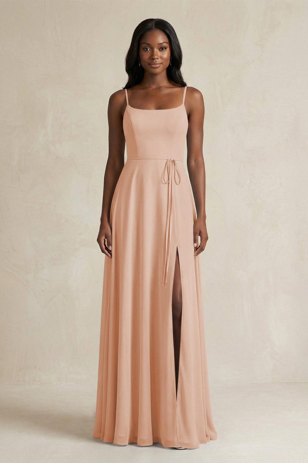 A-Line Spaghetti Straps Chiffon Bridesmaid Dress in Champagne Rose