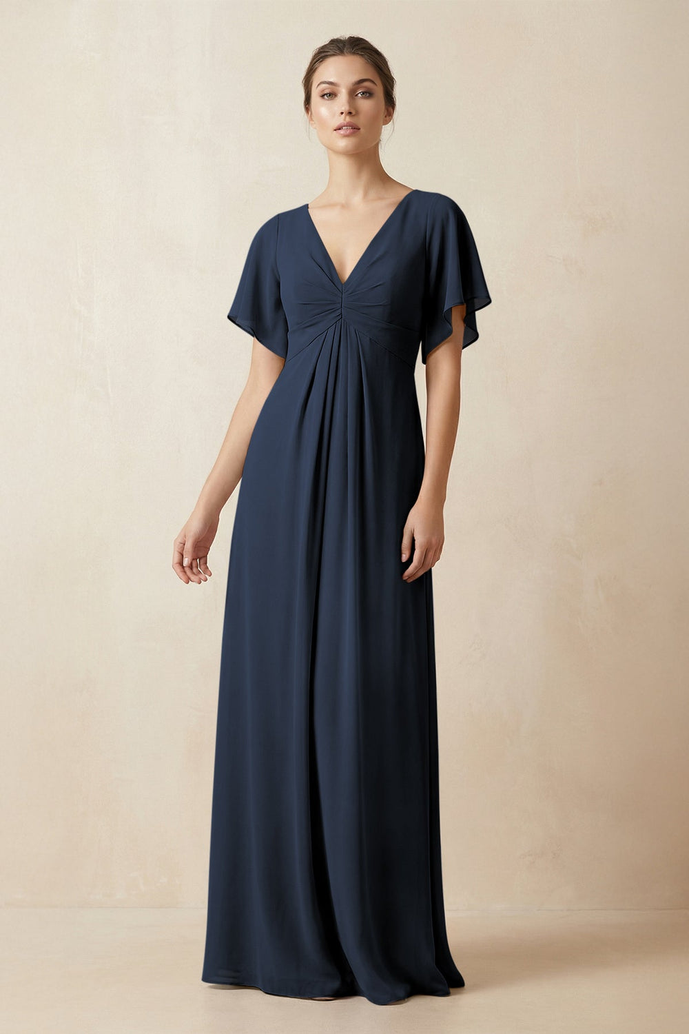 Short Sleeve V-Neck Chiffon A-Line Bridesmaid Dress in Dark Navy