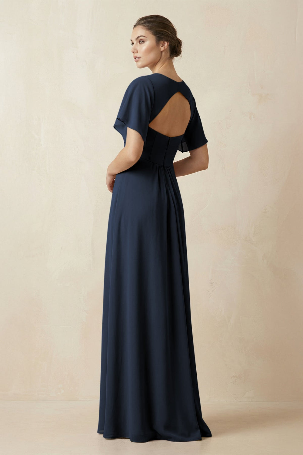 Short Sleeve V-Neck Chiffon A-Line Bridesmaid Dress in Dark Navy