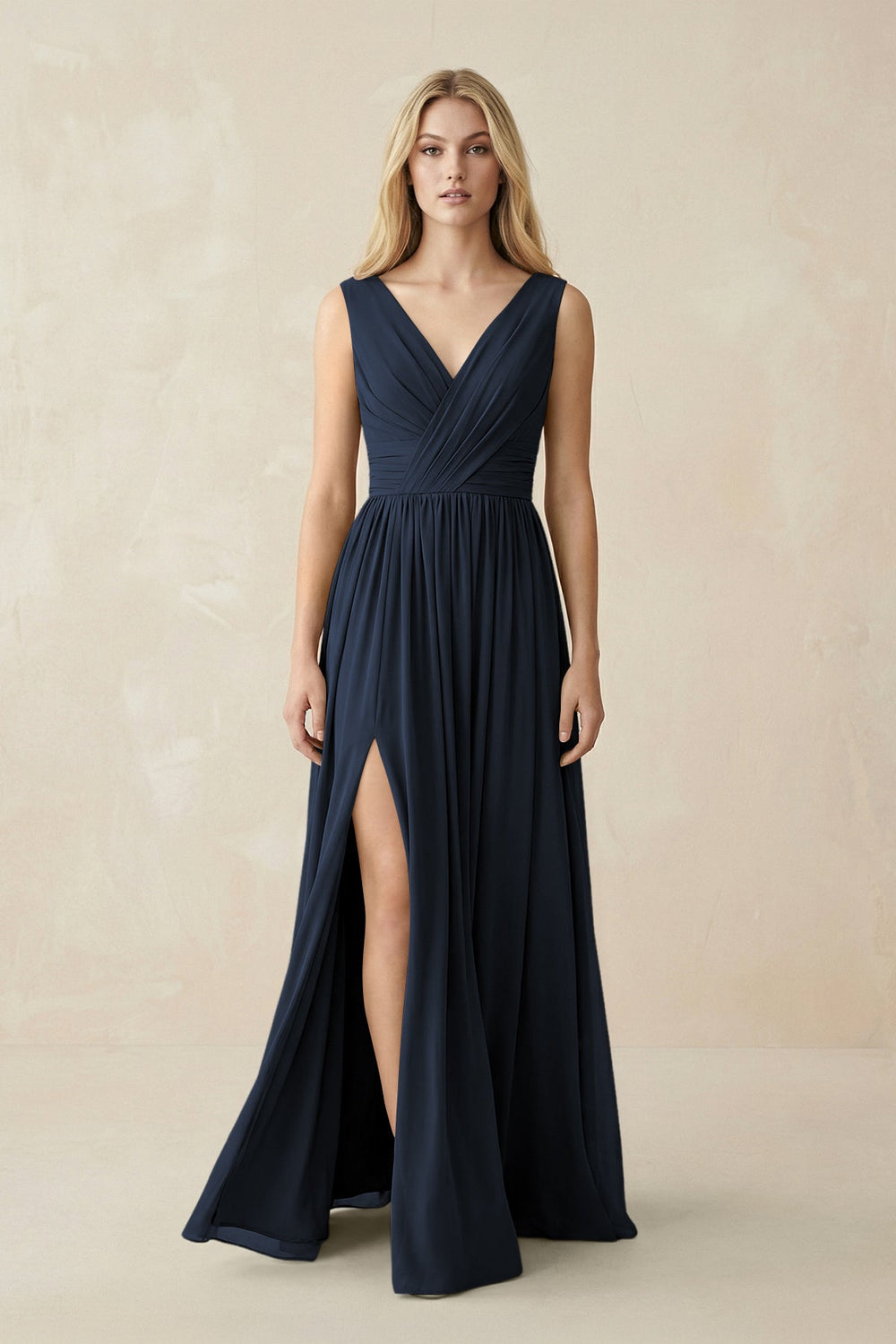 V-Neck Chiffon Pleated A-Line Bridesmaid Dress in Dark Navy