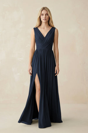 V-Neck Chiffon Pleated A-Line Bridesmaid Dress in Dark Navy - KISS BRIDAL BRIDESMAID DRESSES