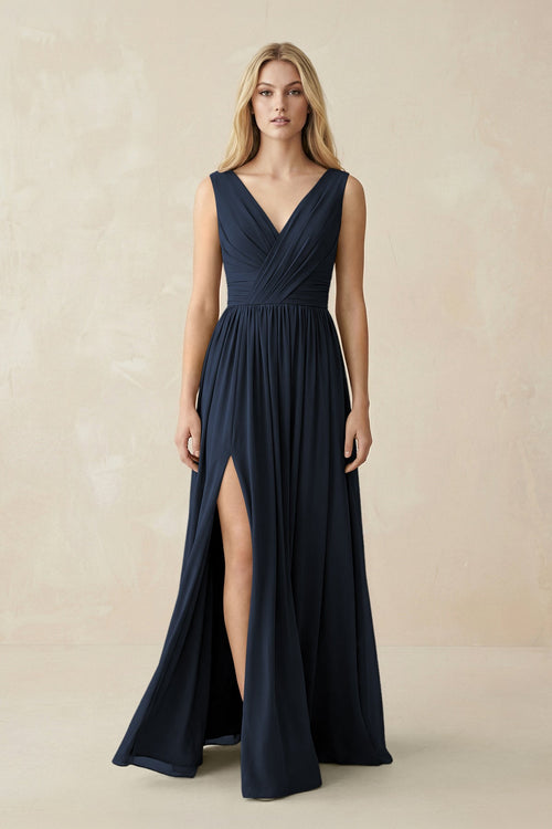V-Neck Chiffon Pleated A-Line Bridesmaid Dress in Dark Navy - KISS BRIDAL BRIDESMAID DRESSES