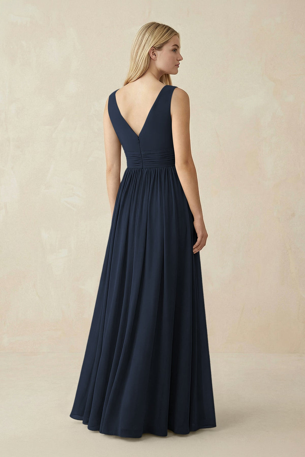 V-Neck Chiffon Pleated A-Line Bridesmaid Dress in Dark Navy
