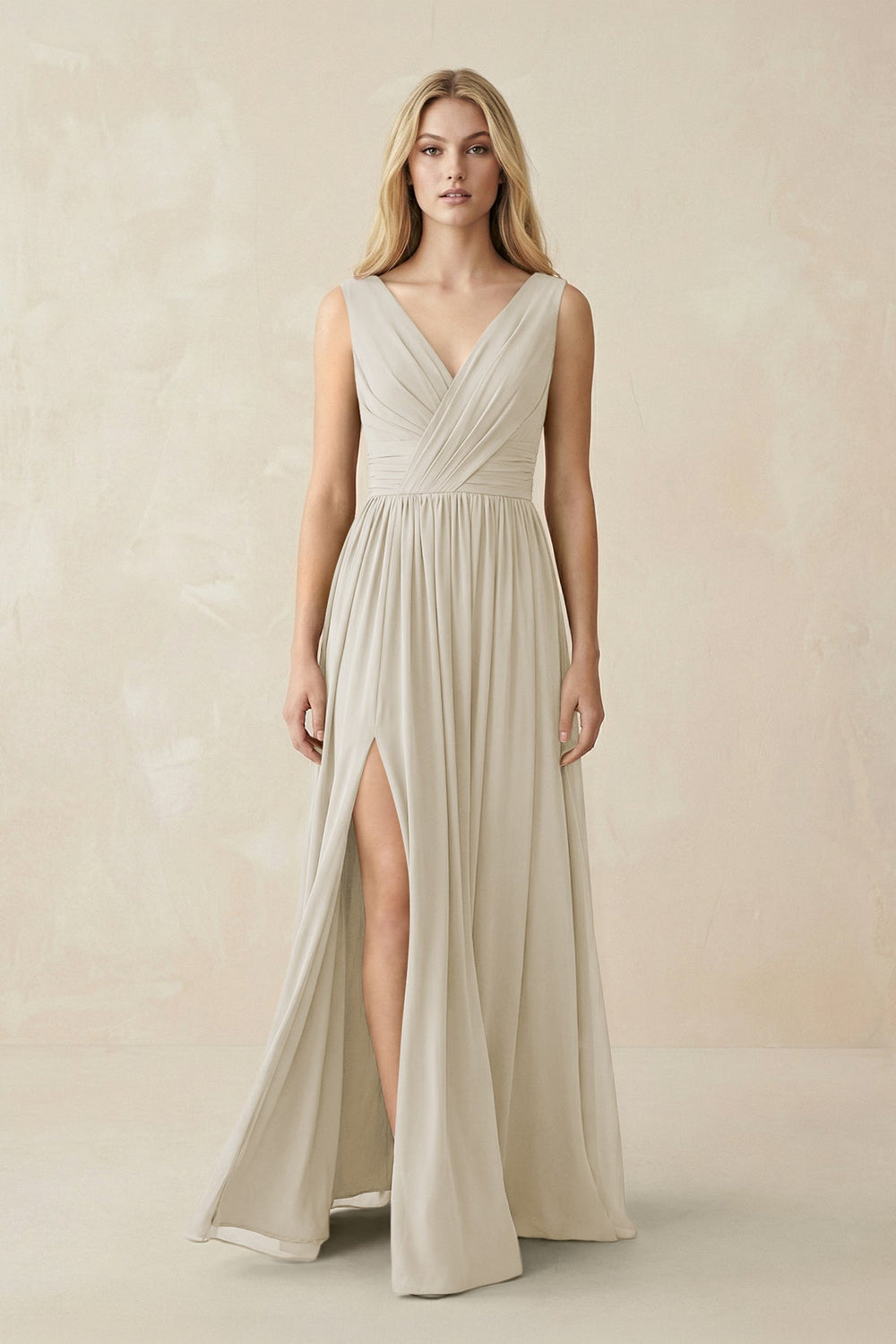 V-Neck Chiffon Pleated A-Line Bridesmaid Dress in Dove Gray