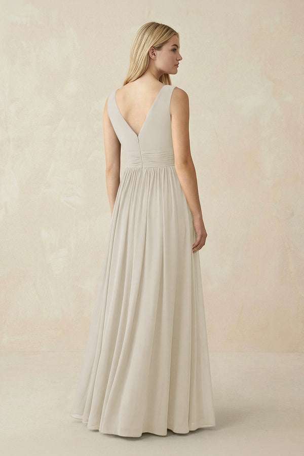 V-Neck Chiffon Pleated A-Line Bridesmaid Dress in Dove Gray - KISS BRIDAL BRIDESMAID DRESSES