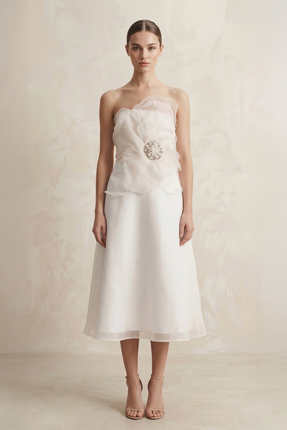 Chiffon Flower Strapless A-Line Midi Wedding Dress in Ivory