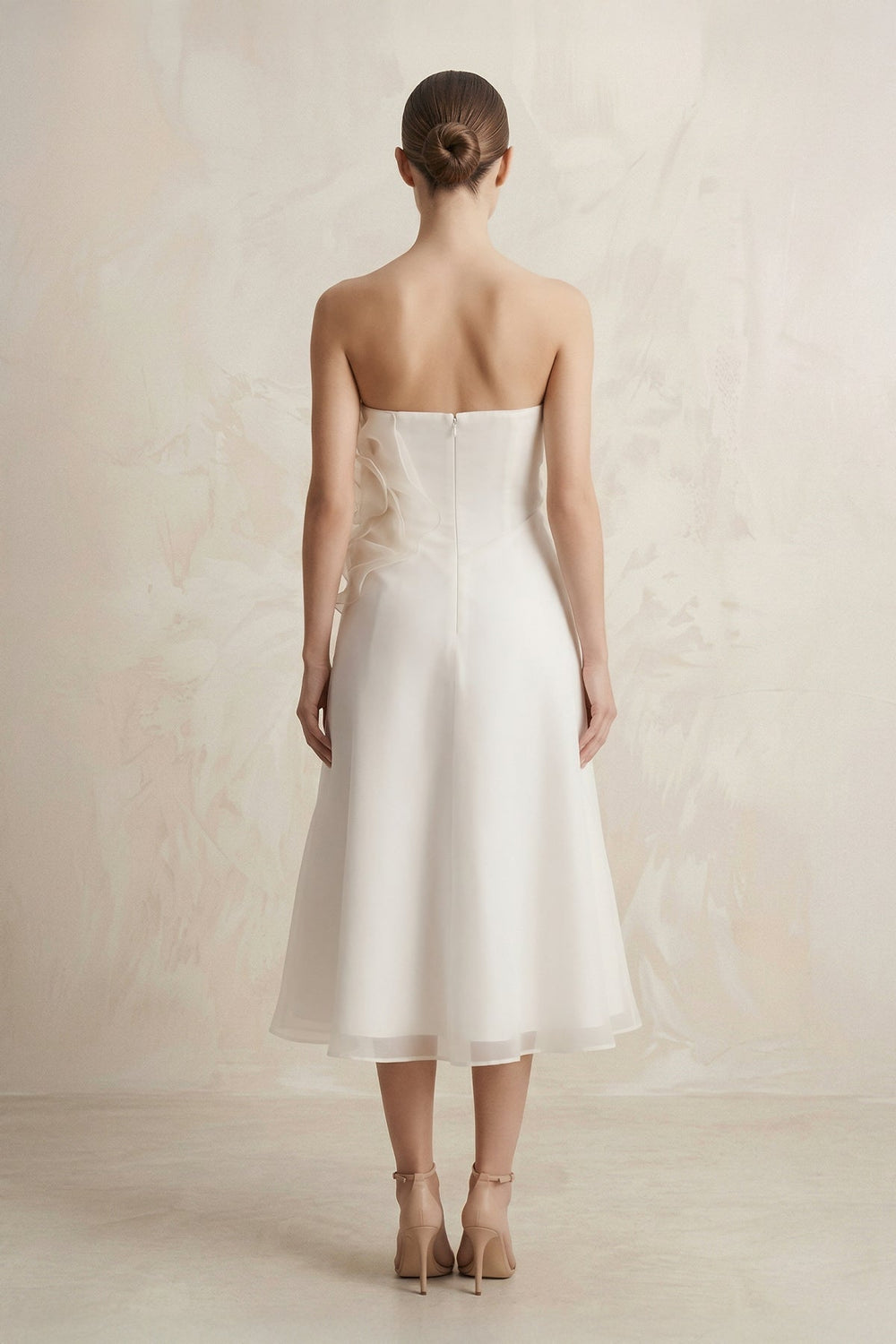 Chiffon Flower Strapless A-Line Midi Wedding Dress in Ivory