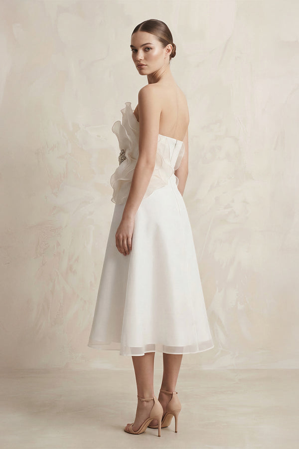 Chiffon Flower Strapless A - Line Midi Wedding Dress in Ivory - KISS BRIDAL Wedding Dresses