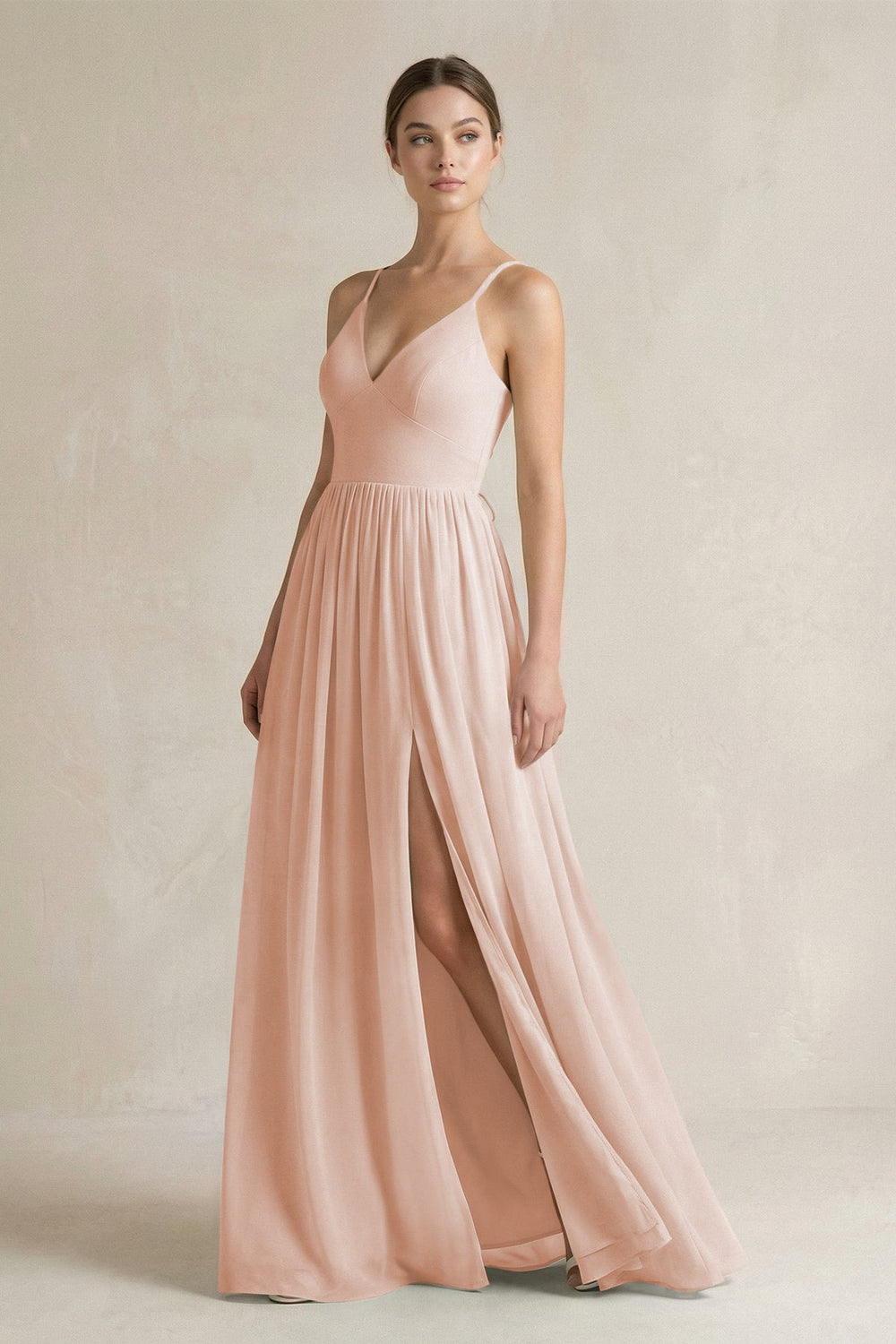 A-Line Spaghetti Strap Chiffon Bridesmaid Dress in Pale Blush