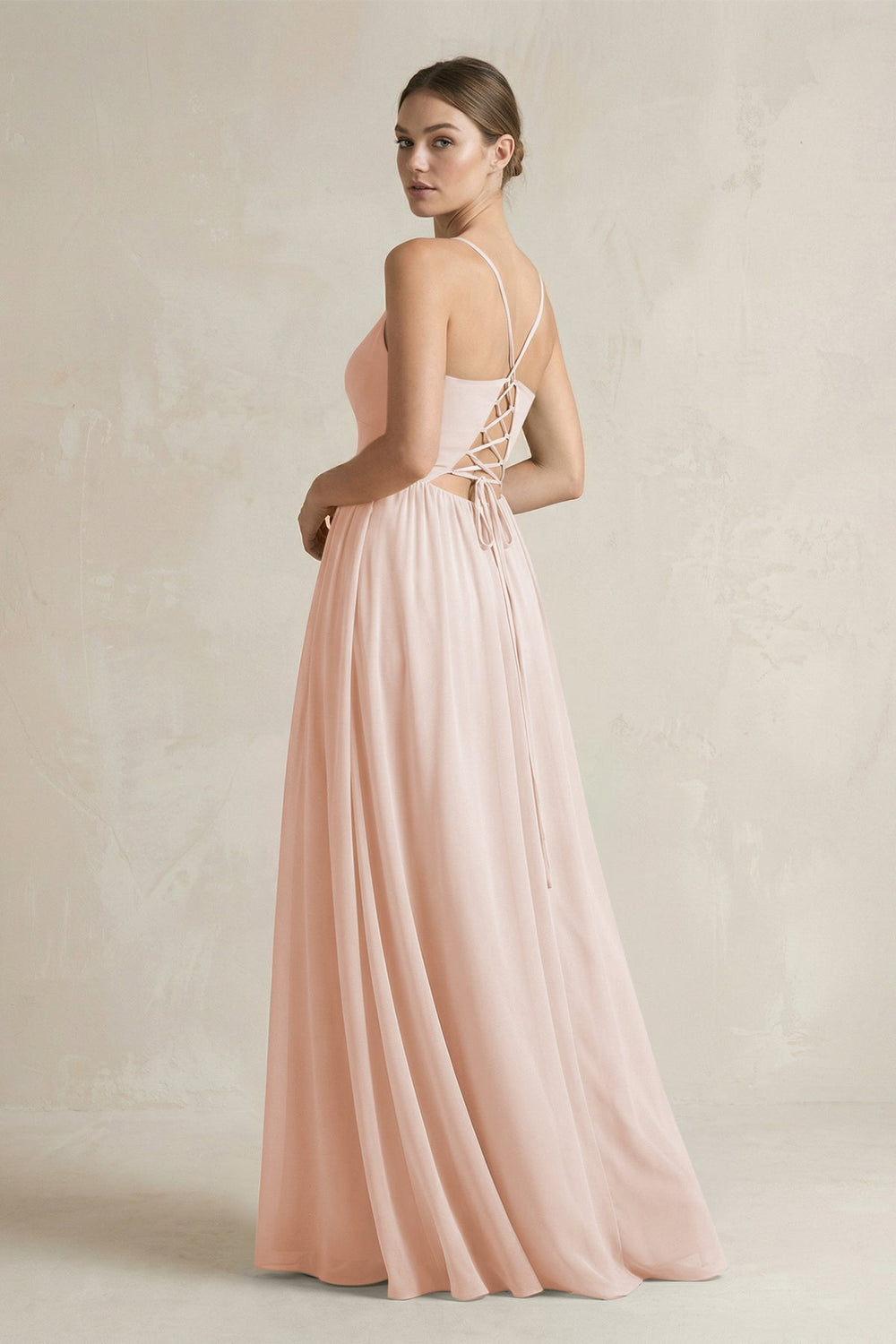 A-Line Spaghetti Strap Chiffon Bridesmaid Dress in Pale Blush