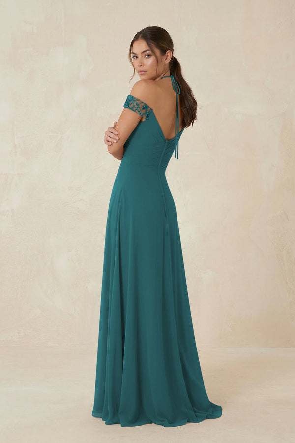 A-Line Off-the-Shoulder Chiffon Bridesmaid Dress in Pine - KISS BRIDAL BRIDESMAID DRESSES