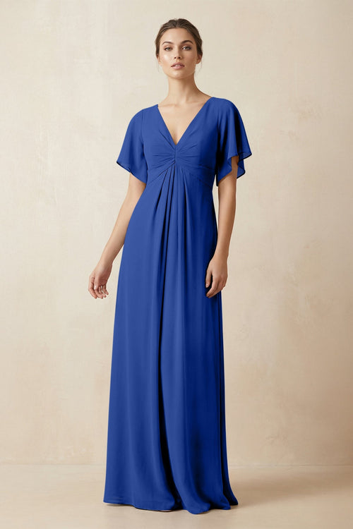 Short Sleeve V-Neck Chiffon A-Line Bridesmaid Dress in Royal Blue - KISS BRIDAL BRIDESMAID DRESSES