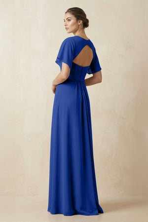 Short Sleeve V-Neck Chiffon A-Line Bridesmaid Dress in Royal Blue - KISS BRIDAL BRIDESMAID DRESSES