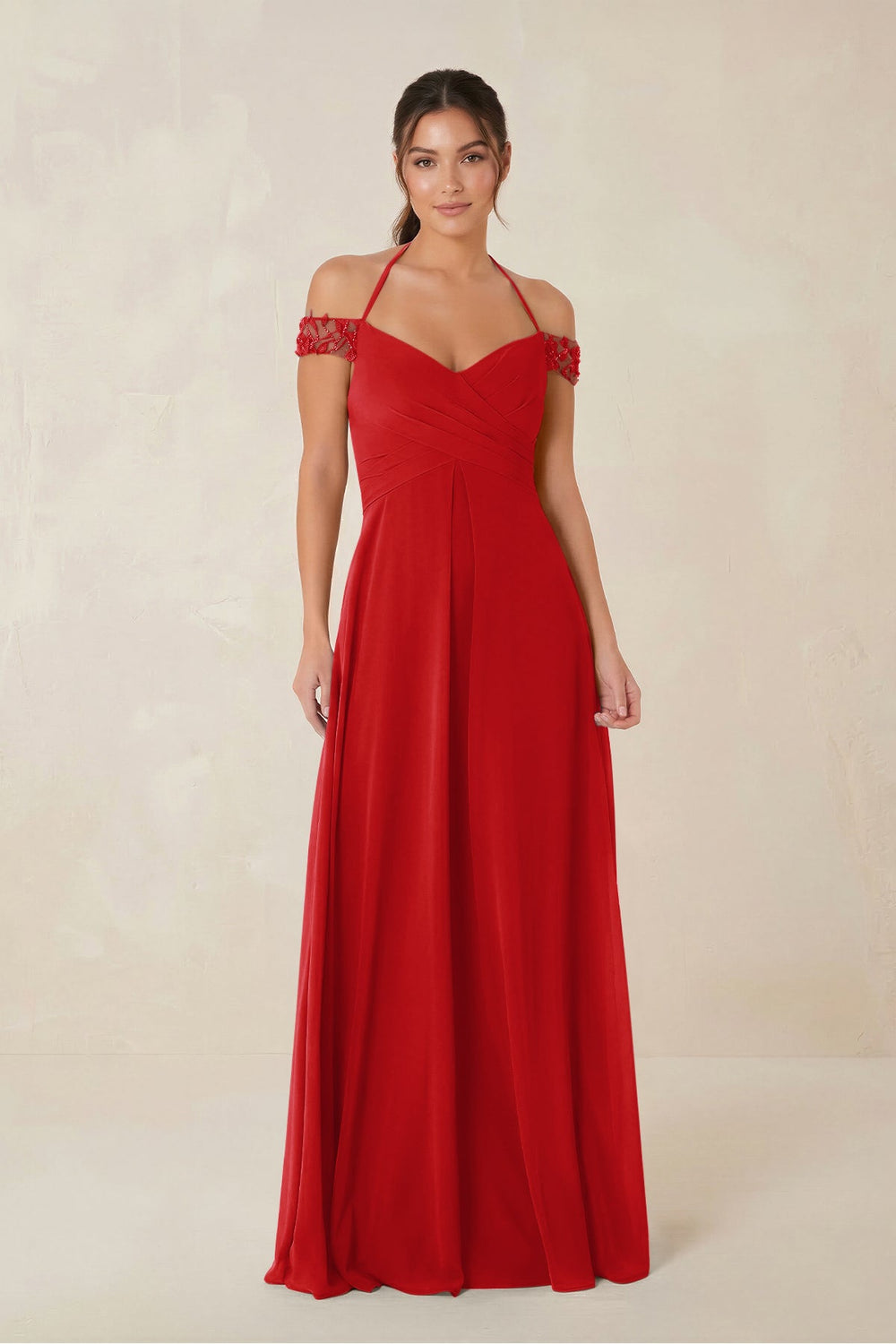 A-Line Off-the-Shoulder Chiffon Bridesmaid Dress in Ruby Red
