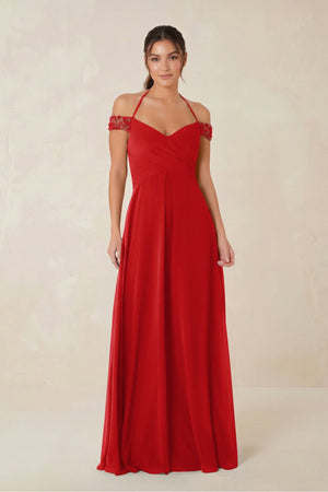 A-Line Off-the-Shoulder Chiffon Bridesmaid Dress in Ruby Red - KISS BRIDAL BRIDESMAID DRESSES